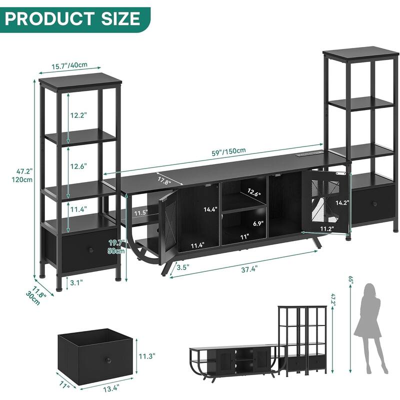 Moasis 3-Piece Wall Unit Entertainment Center Set with Bookshelf and 2 Drawers