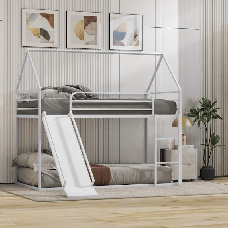 Metal Twin Over Twin Bunk Bed with Ladder and Slider, Sturdy and Safe Design - White