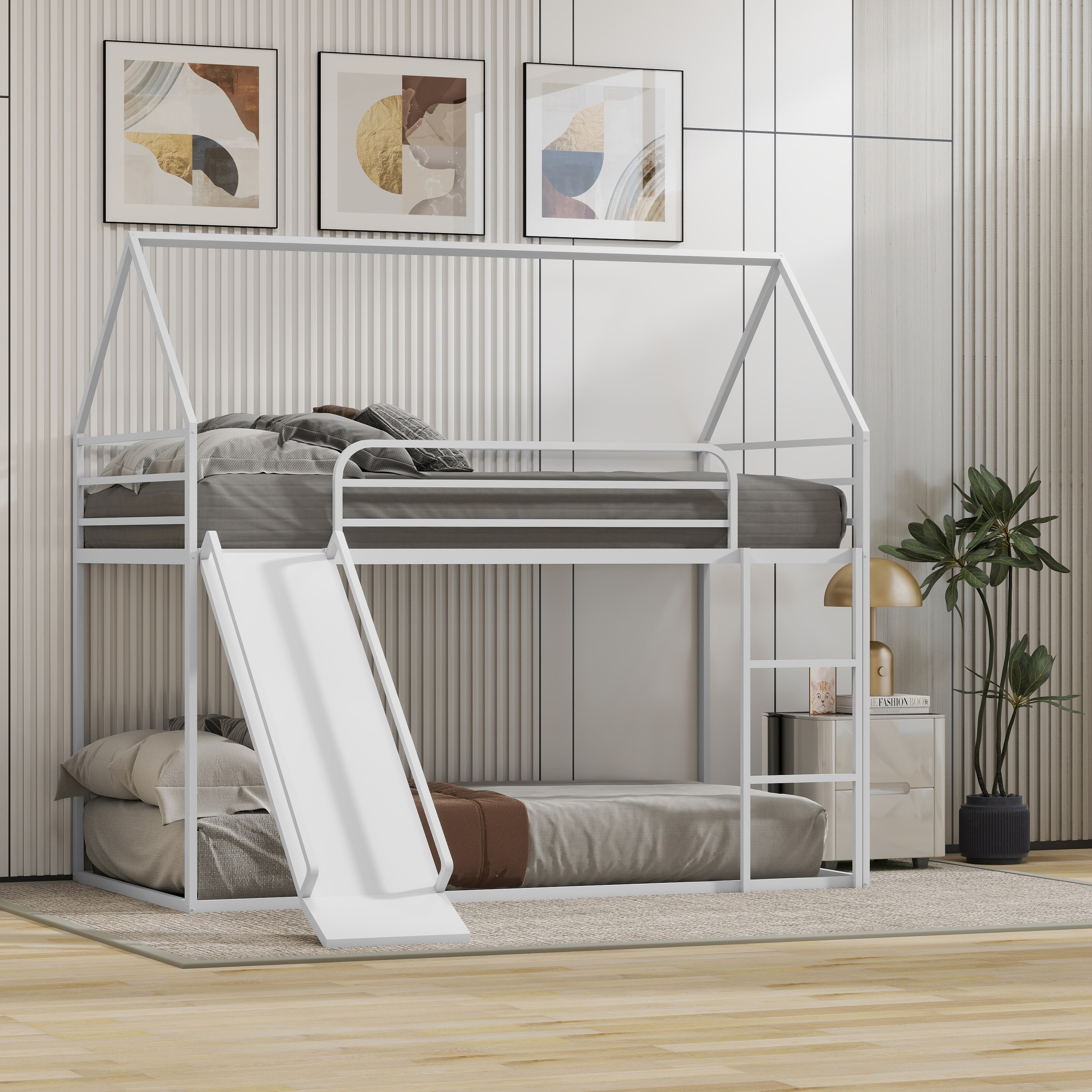 Twin over Twin House Bunk Bed with Triangle Roof, with Ladder and Slider, 76.5"L x 41.3"W x 71.0"H
