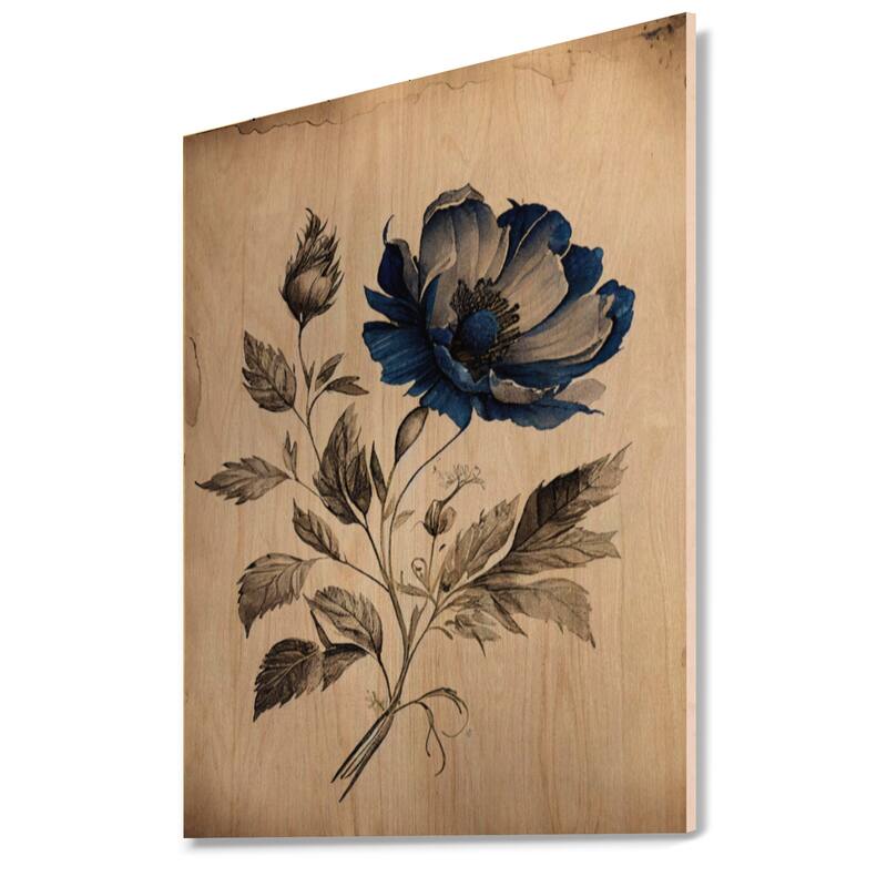 Designart 'Blue Vintage Flower Blooming IV' Floral Wood Wall Art - Natural Pine Wood
