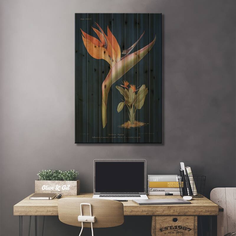 Stelitzia Reginoe Dark Blue Print On Wood by Wild Apple Portfolio - Multi-Color