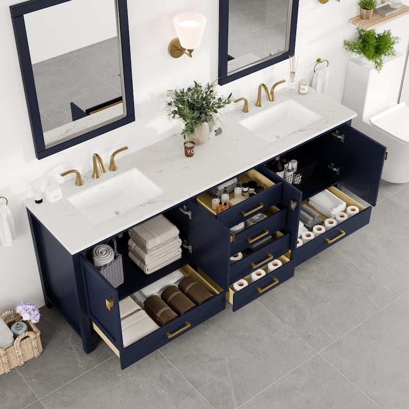 Aberdeen 84"W Blue DS Bath Vanity with Carrara Quartz Top