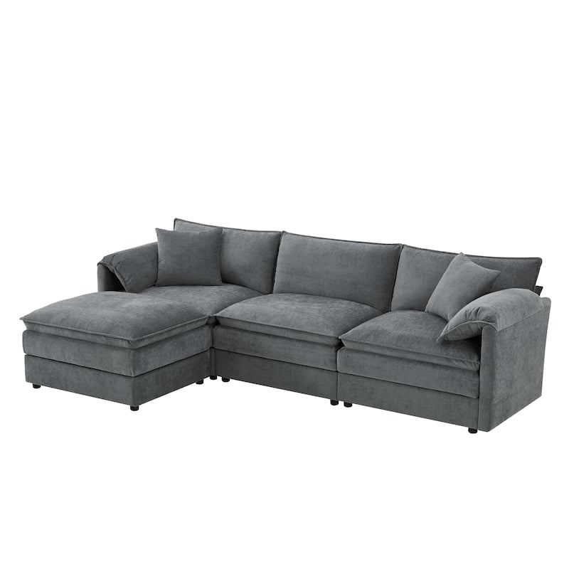 L-Shaped Modular Sectional Sofa with Ottoman, Oversized Chenille Upholstered Cloud Couch, 4-Seater Sofa with Double Cushions