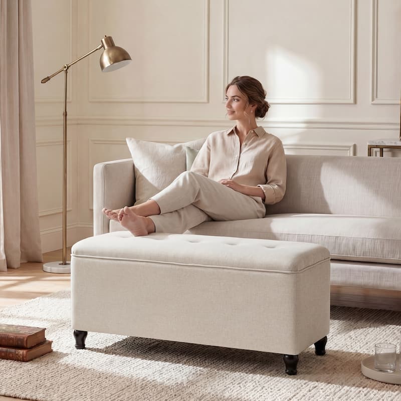 Adeco 41" Rectangle Linen Storage Ottoman Bench For Living room - 41.3"X17.3"X19.1"
