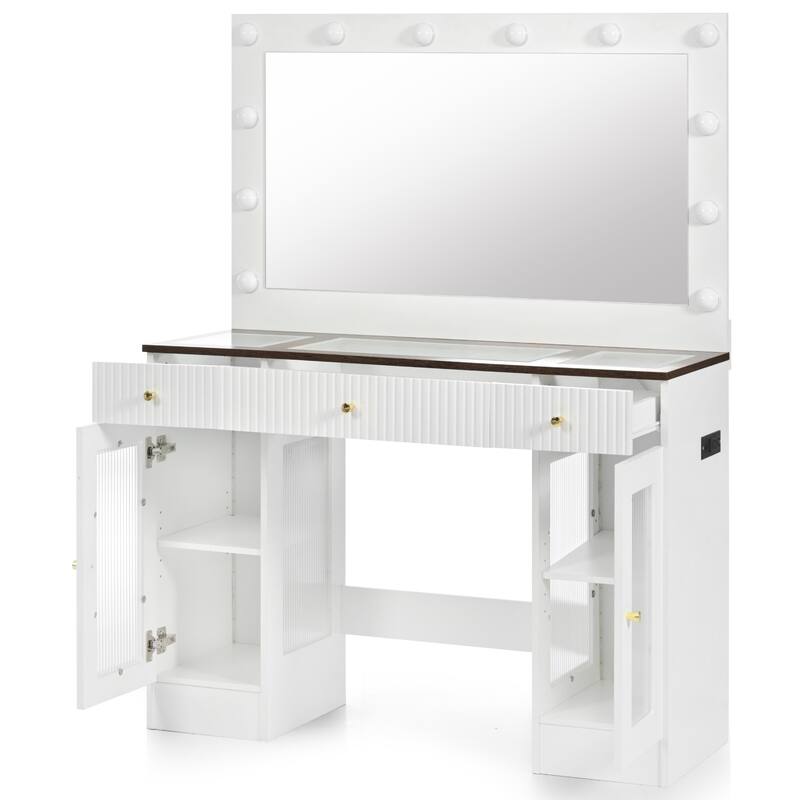 43.3" Makeup Vanity with Mirror,Glass Top,Drawers and Power Outlet