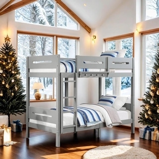 Artsy Twin over Twin Bunk Bed with Removable Ladder, Hanger and 14+14 Slat System, Space-Saving Knock-Down Design