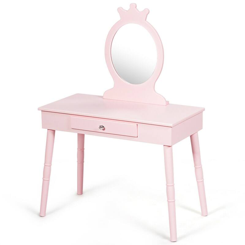 Gymax Kids Vanity Makeup Table & Chair Set Make Up Stool Play Set for