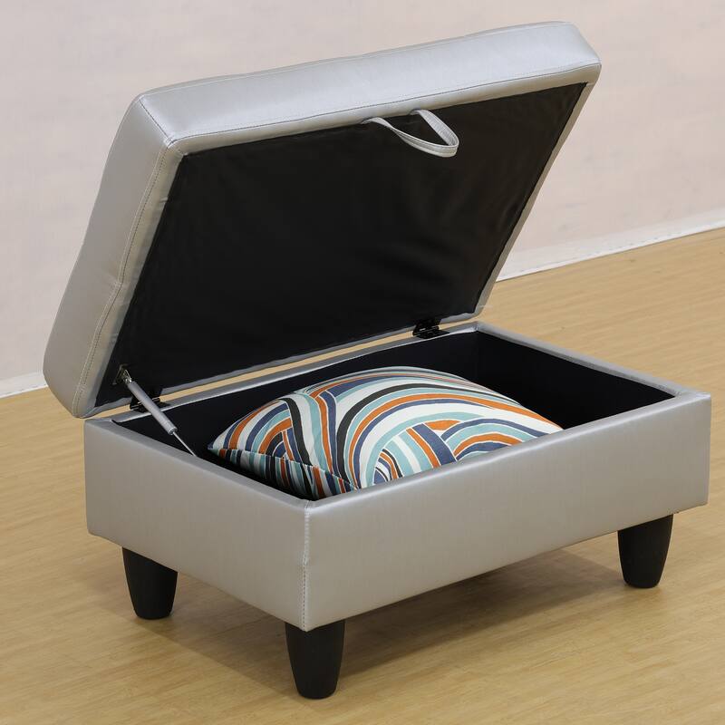 Modern Silver White Faux Leather Storage Ottoman Foot Rest