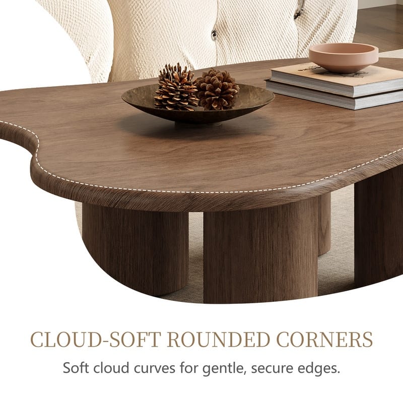 47.24" Mid Century Coffee Table, Solid Wood Texture with Could Shaped, Brown