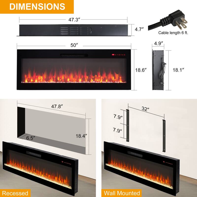 50" Smart WiFi Electric Fireplace, Recessed & Wall-Mount Heater