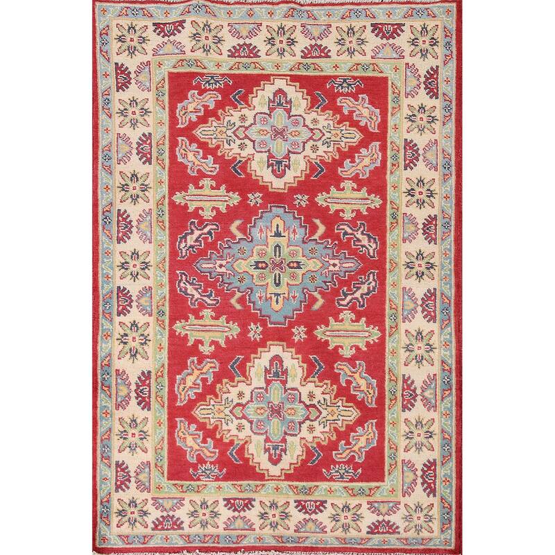 Geometric Red Kazak Accent Rug Handmade Wool Carpet - 3'4"x 5'1"