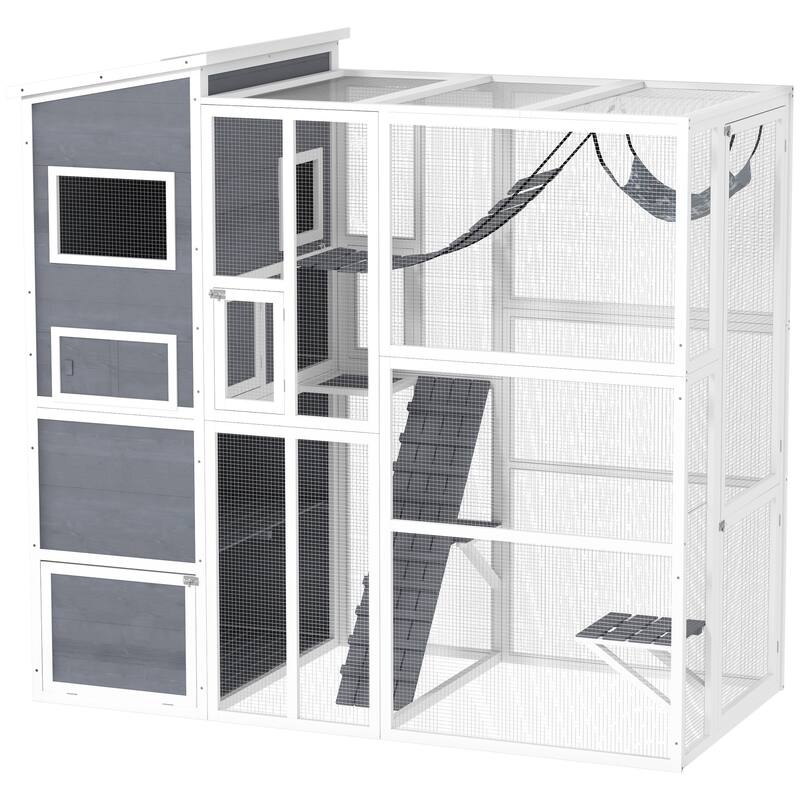PawHut Catio Outdoor Cat Enclosure, Large Wooden Cat House with 4 Tier Resting Rooms, 3 Platforms, 1 Soft Ladder, 2 Ramps - Gray