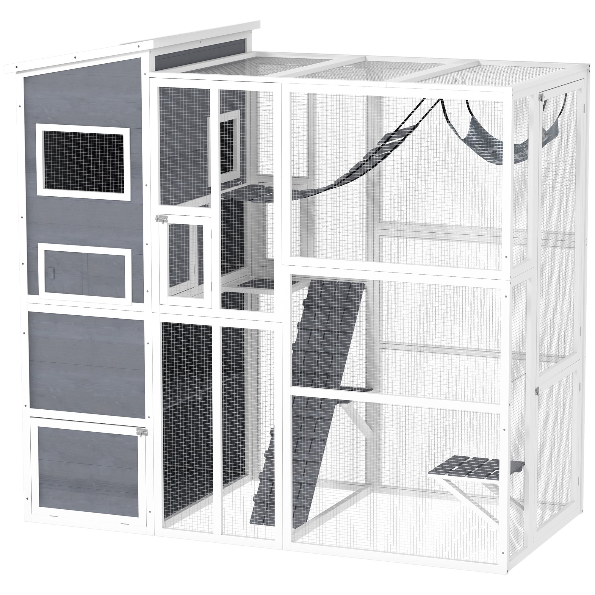 PawHut Catio Outdoor Cat Enclosure, Large Wooden Cat House with 4 Tier Resting Rooms, 3 Platforms, 1 Soft Ladder, 2 Ramps