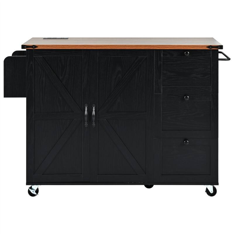 Farmhouse Kitchen Island with Power Outlet, Rolling Kitchen Cart on Wheels with Internal Storage Rack, Drop Leaf, Spice Rack