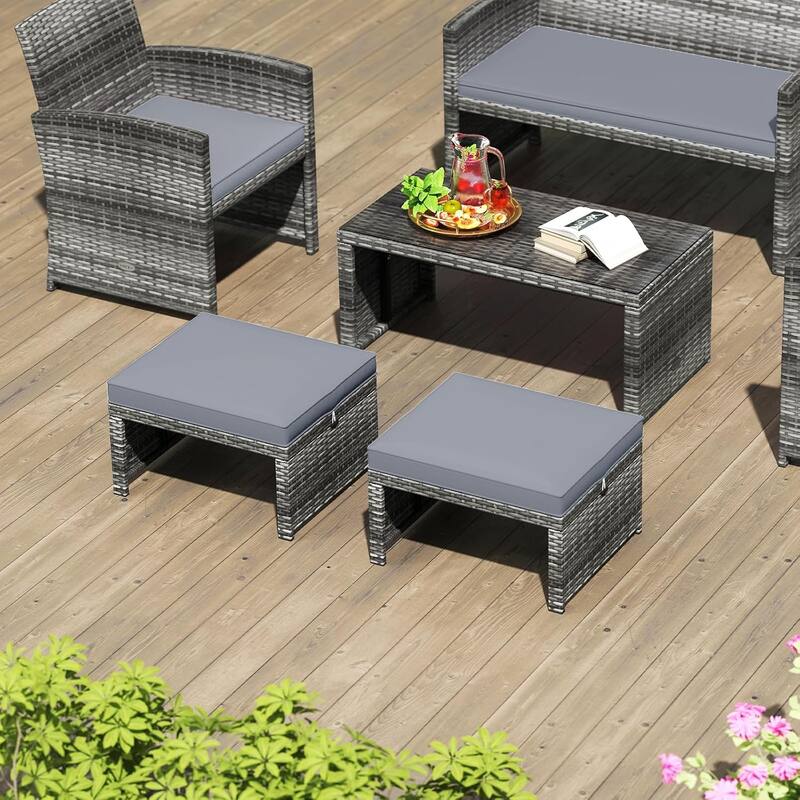 Set of 2 Rattan Footstools Wicker Outdoor Ottoman w/Removable Cushions