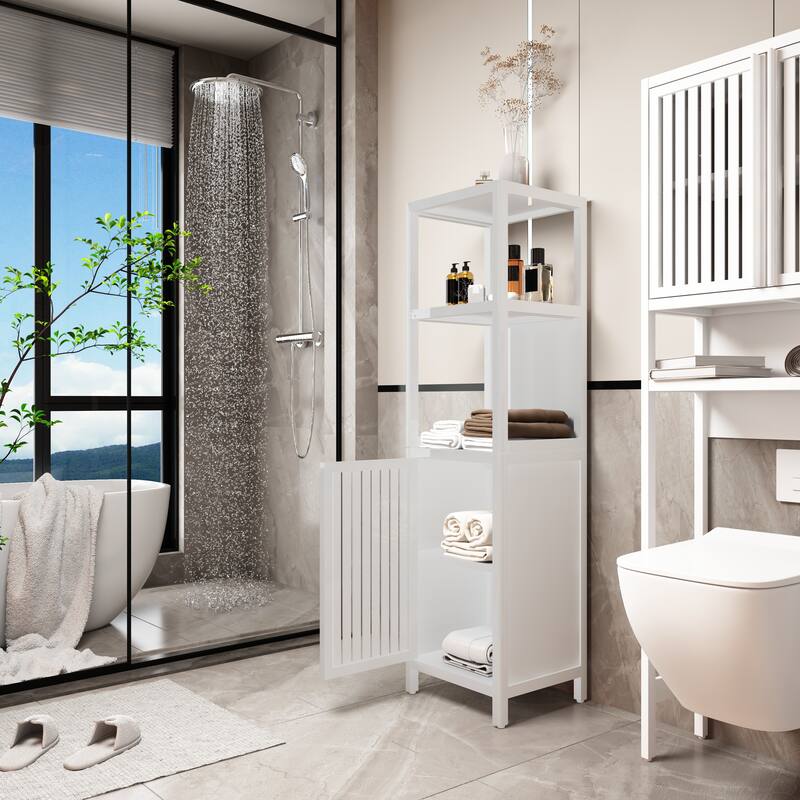 A 52-foot-tall white linen tower bamboo storage cabinet, suitable for main living spaces such as bathrooms, bedrooms, an