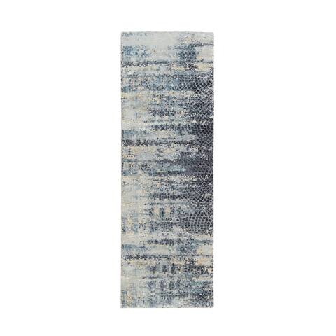 Shahbanu Rugs Blue and Gray, Modern Abstract with Mosaic Design, Wool and Silk Hand Knotted, Runner Oriental Rug (2'6" x 7'9")