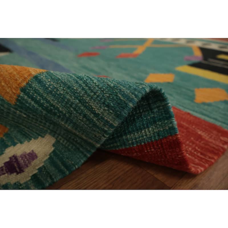 Hand Woven Oriental 100% Wool Carpet Southwestern Tribal Green Kilim Area Rug - 14' 10'' X 6' 9''