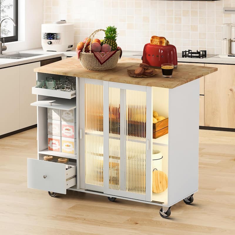 Modern Stylish Freestanding Wooden Kitchen Island Cart with LED Lights - White