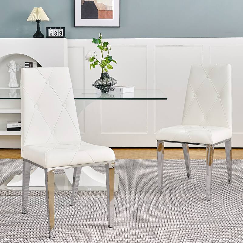 Home Furniture Kitchen Breakfast Chairs, Restaurants PU Upholstered Side Chair, Conference Chair with Gold Legs Set of 2 - White+Silver