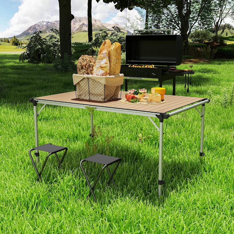 Light Brown Aluminum Adjustable Folding Picnic Table for Outdoor Use - 51.2" L x 31.5" W x 20.9"-28" H