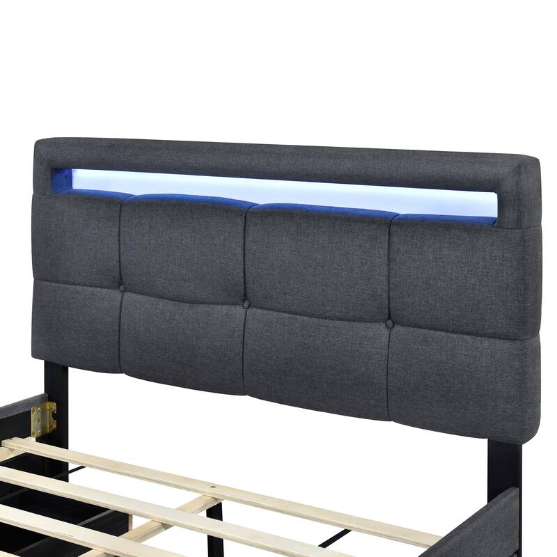 Linen Upholstered Platform Bed Frame with LED Light Headboard & 2 Drawers