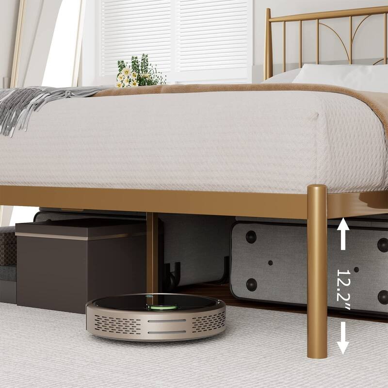Platform Bed Frame with Wheat Head Headboard, Metal Mattress Foundation for Storage