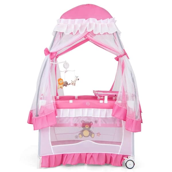 slide 2 of 9, Costway Portable Baby Playpen Crib Cradle Changing Pad Mosquito Net Pink - Iron
