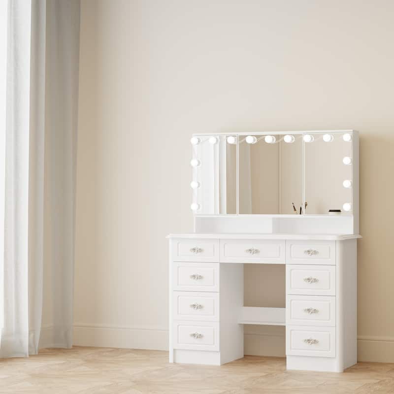 40.2"W White Makeup Table Dressing Desk Tri-Fold Mirror Silent Drawers