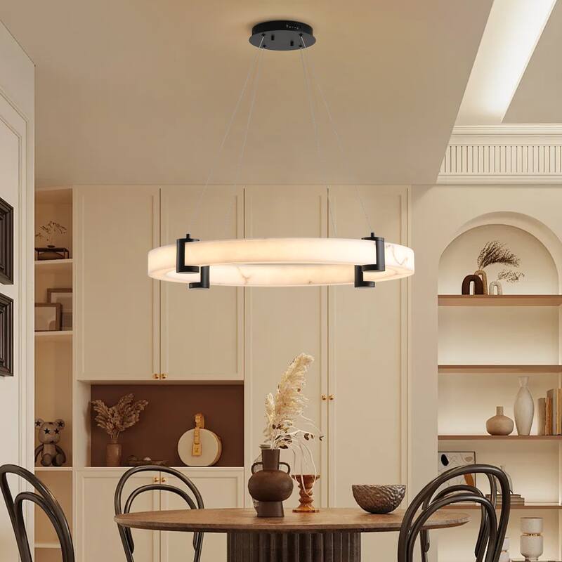 Modern LED Pendant Light,24-Inch Round Hanging Chandelier with Adjustable Height,Imitation Marble Finish Resin Ceiling Light