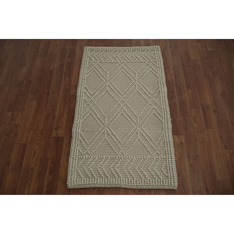 Hand Knotted Oriental 100% Wool Carpet Modern Geometric Beige & Ivories Moroccan Area Rug - 3' 10'' X 2' 3''