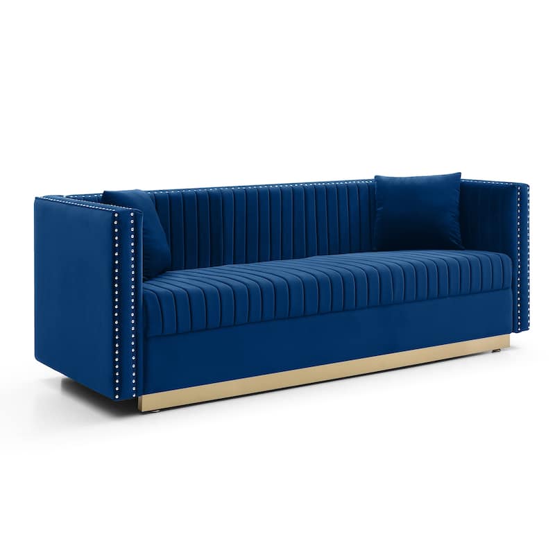 78" Velvet 3-Seater Sofa with Vertical Channel Tufting, Gold Base, Nailhead Trim, and 2 Pillows