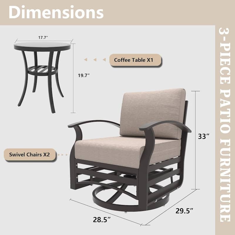 Kullavik 3Pcs Aluminum Rocking Chair Swivel Chairs Set with Glass Top Table & 5" Thick Cushion