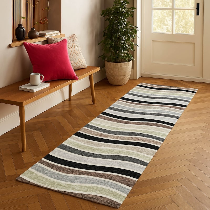 Machine Washable Indoor/ Outdoor Contemporary Stripe Chantille Rug
