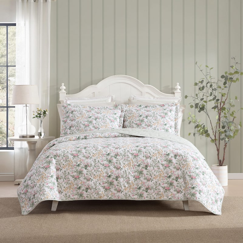Laura Ashley Bramble Floral Cotton Reversible Pink Quilt Set