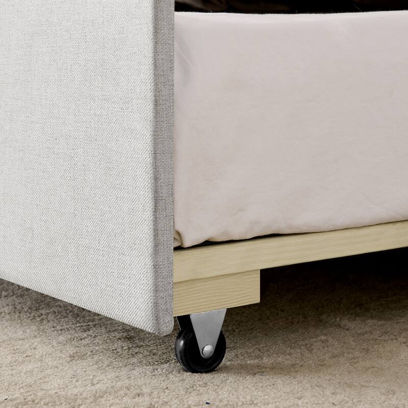 Twin Size Upholstery Daybed with Erectable Trundle and Button-tufted Backrest, USB Charging Design, for Living Room and Bedroom