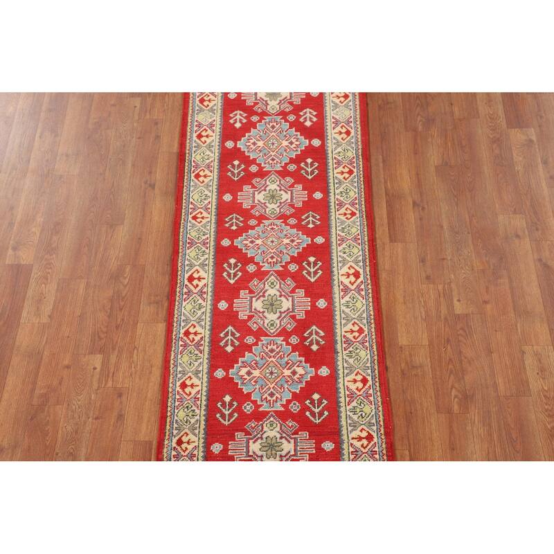 Red Geometric Kazak Oriental Runner Rug Handmade Wool Carpet - 2'1" x 5'10"