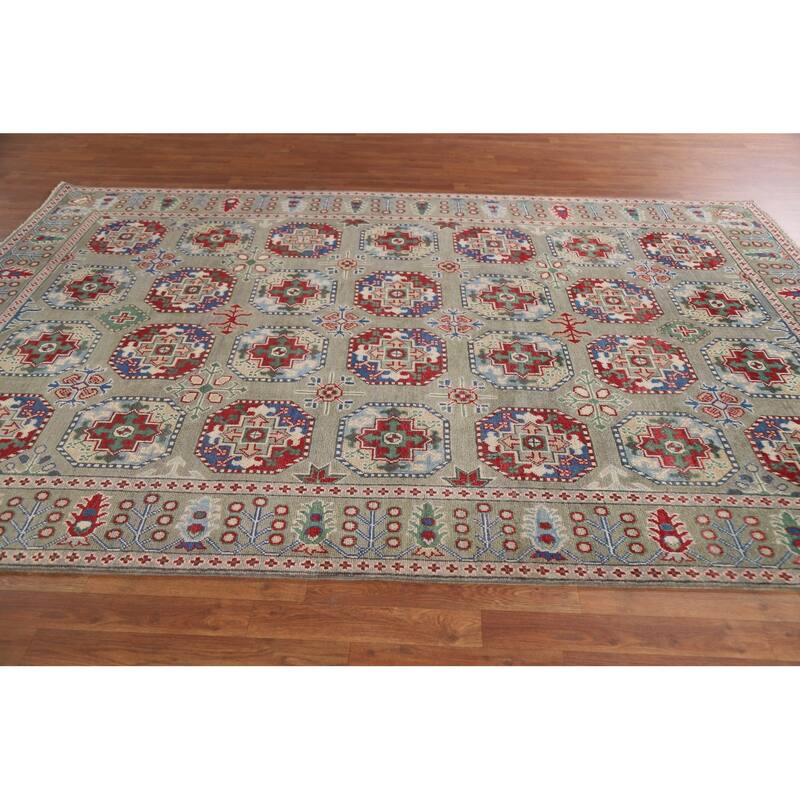 Hand Knotted Oriental 100% Wool Carpet Traditional All-Over Green Kazak Area Rug - 9' 10'' X 6' 7''