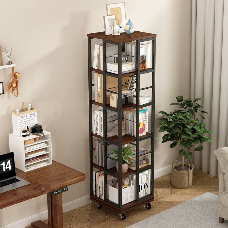 5 Tiers Rotating Bookshelf, Corner Bookcase, 360 Display Wood Spinning Bookshelves, Floor Standing Bookcase Narrow Shelf