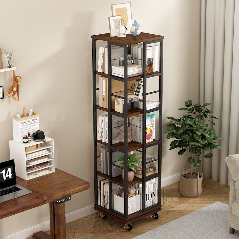 Anmytek 360 Rotating Corner Bookshelf with Wheels Space Saving Storage for Small Rooms
