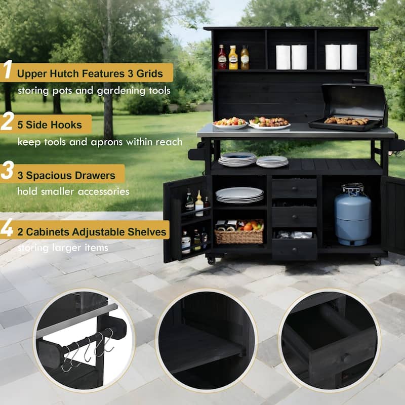 65''H Outdoor Potting Bench Garden Storage Table w/Lockable Wheels, Drawers, Cabinets & Side Hooks - N/A