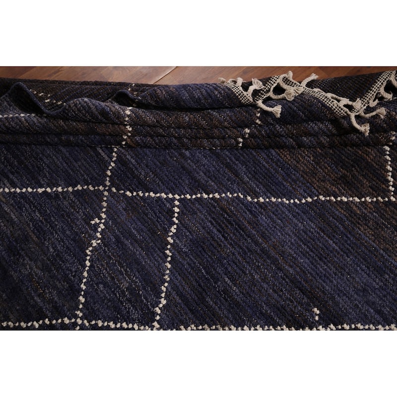 Navy Blue Trellis Moroccan Area Rug Hand-Knotted Wool Carpet - 6'9"x 10'5"