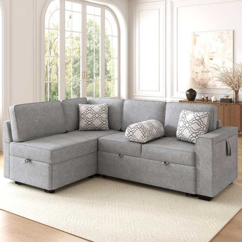 L-Shaped Sectional Sofa Convertible Sofa Bed with Dual Pull-Out Sleepers Sofa, Flip-Top Table, USB Ports, Cup Holder and Storage