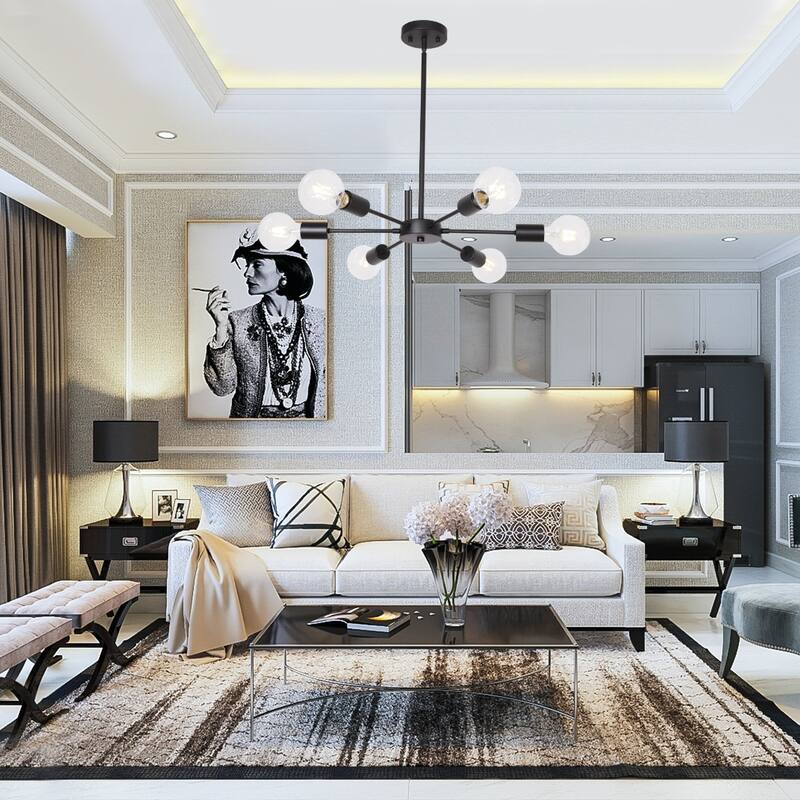 Modern Sputnik Chandelier 6 Lights Mid Century Ceiling Light - Black