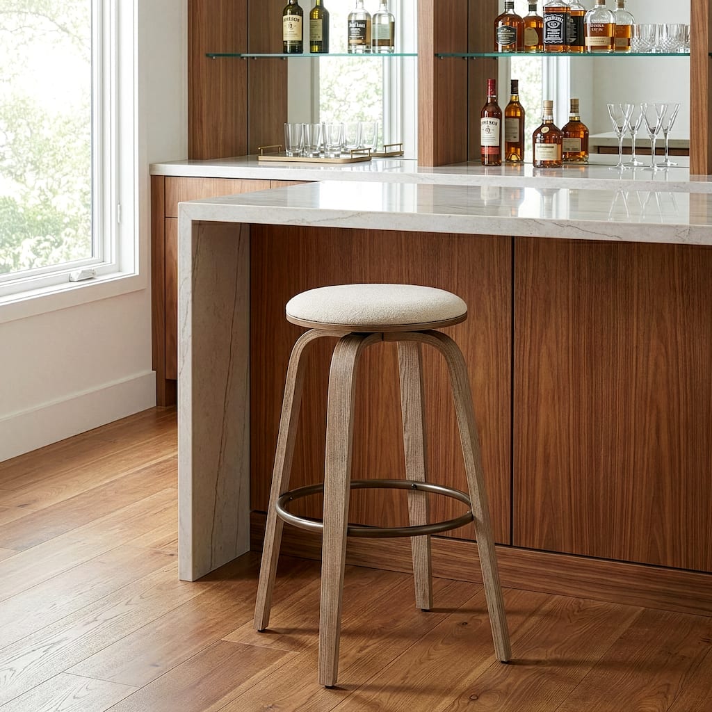 Beatus Beige Woven Fabric Bar Stool with Natural Wood Legs