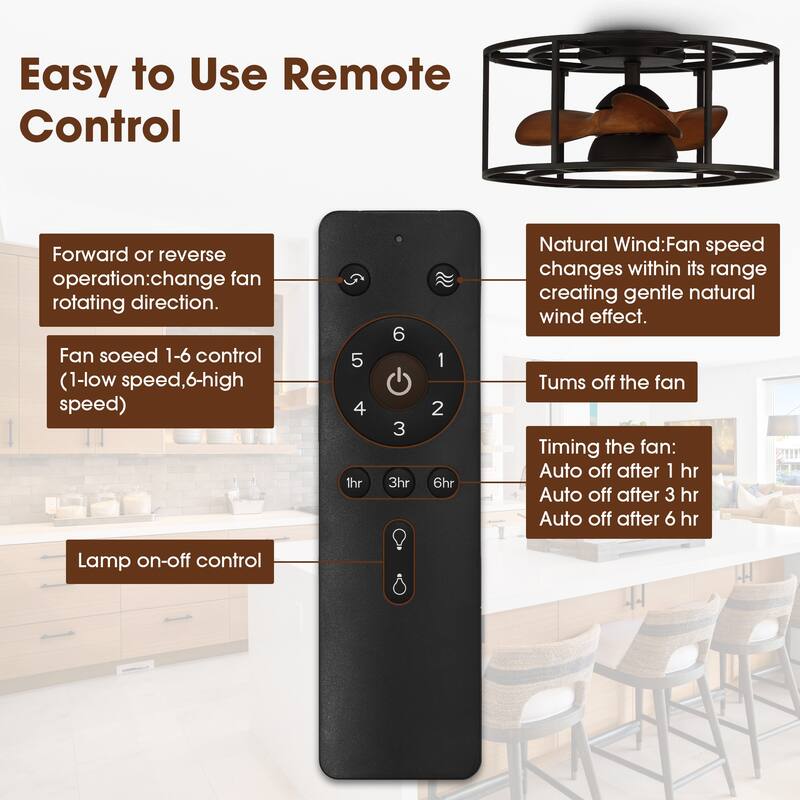 20" Black Flush Mount Low Profile Fandelier Ceiling Fan with Light and Remote - 20 in. D x 20 in. W x 9.6 in. H