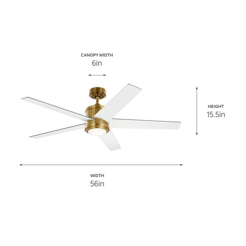 Kichler Brahm 56 inch LED Ceiling Fan Natural Brass with Walnut and White Blades
