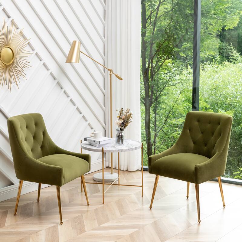 SEYNAR Modern Boucle Velvet Upholstered Accent Dining Chair Set of 2 Tufted Back Armless Chair with Golden Legs