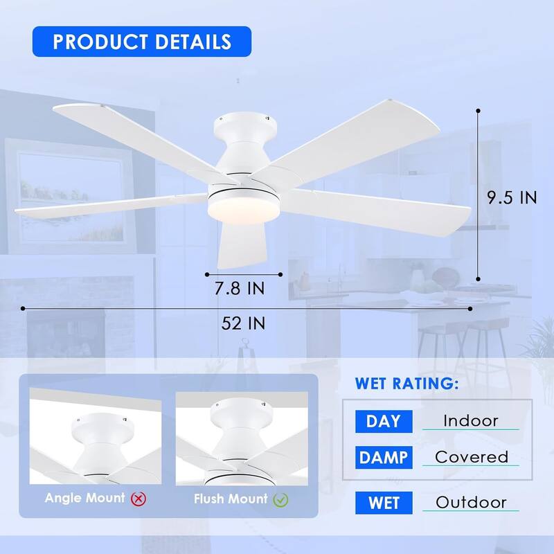 52 Inch Flush Mount Ceiling Fan with Light and Remote 5 Plywood Blades for Living Room Bedroom Patio - 52 Inches
