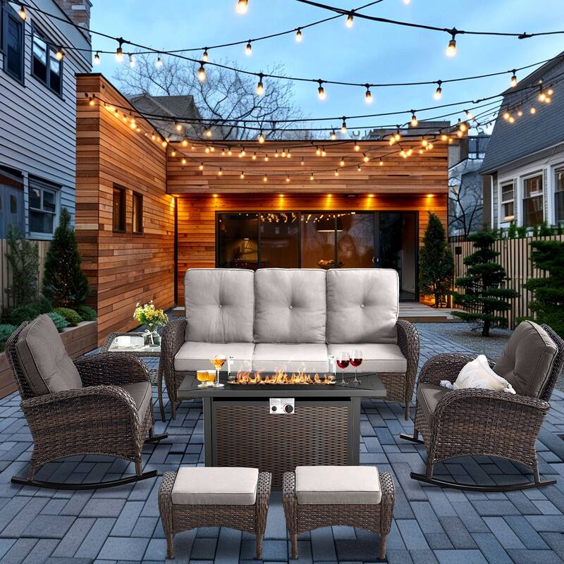 Pocassy Outdoor Fire Pit Conversation Sofa Set - Brwon Wicker Beige Cushion - 7PCS Fire Table w/ Sofa Rocker Chair Ottoman